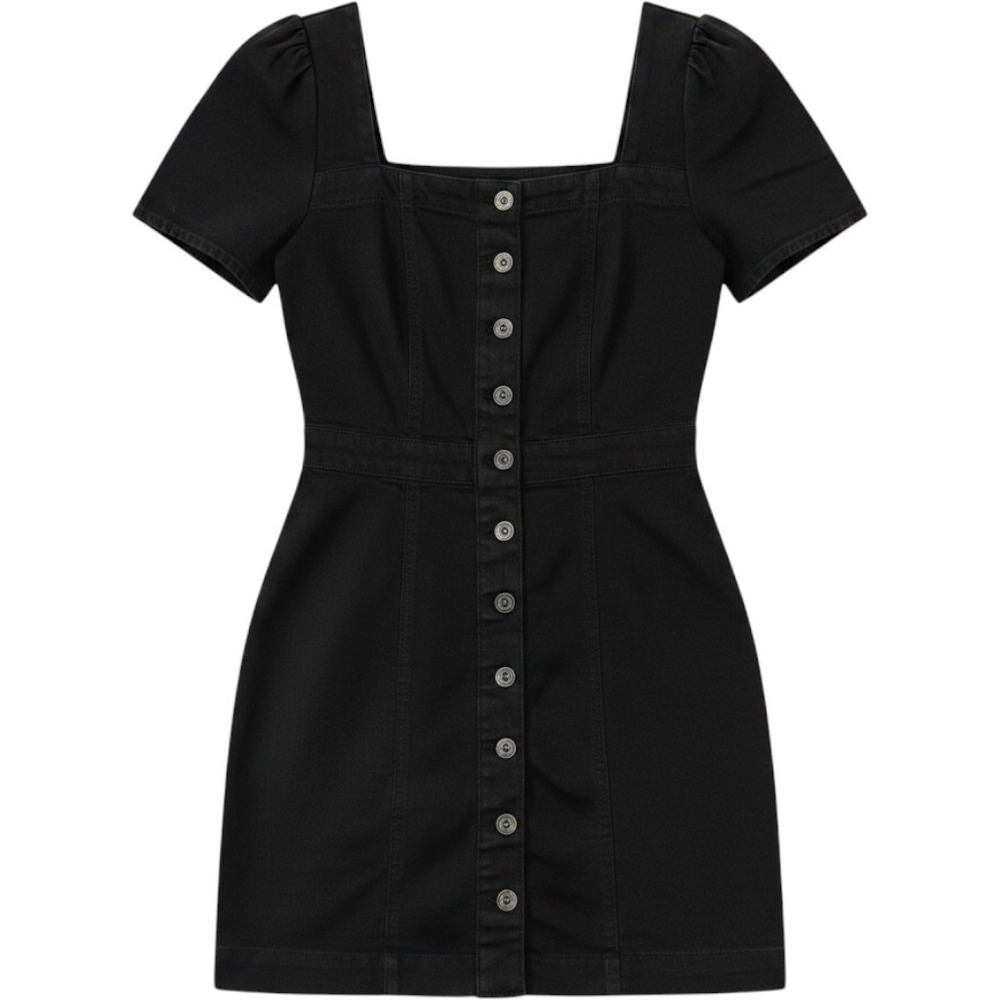 Girl-ish Small Black Button Mini Denim Jean Dress Square Neck Festival Boho Chic